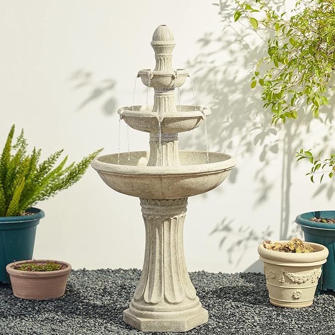 Glitzhome Water Fountain Outdoor Floor-Stand Fountains with LED Light & Pump, Oversized 3 Tier