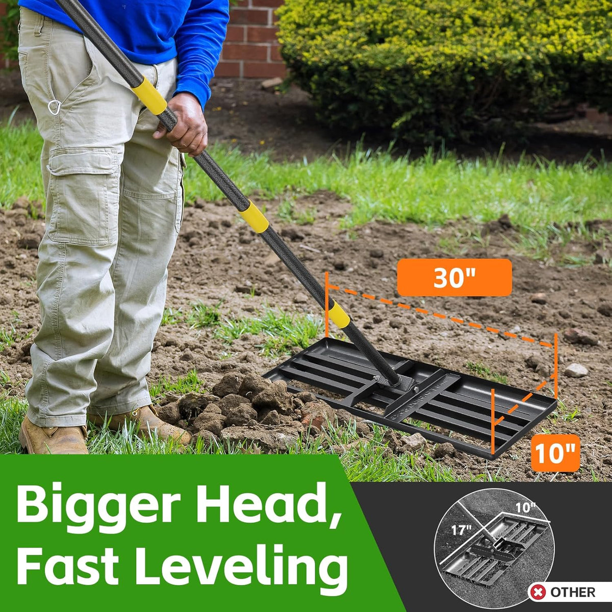 Lawn Leveling Rake 30”x10” Large Heavy Duty Metal Lawn Leveler with Long Adjustable Handle