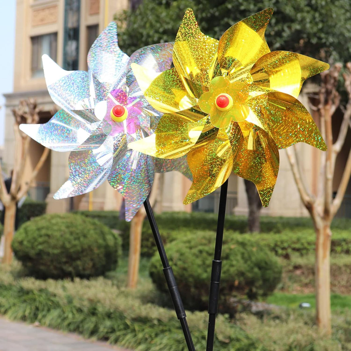 Sparkly Reflective Pinwheels with Stakes, Colorful Wind Spinners Outdoor Bird Scare Devices, Foil