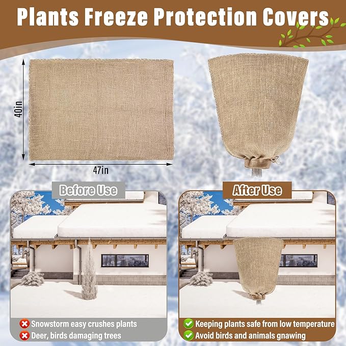 Riare 2 Packs 40 × 47 Inch Burlap Winter Plant Cover Bags with Drawstring- Reusable Large Burlap