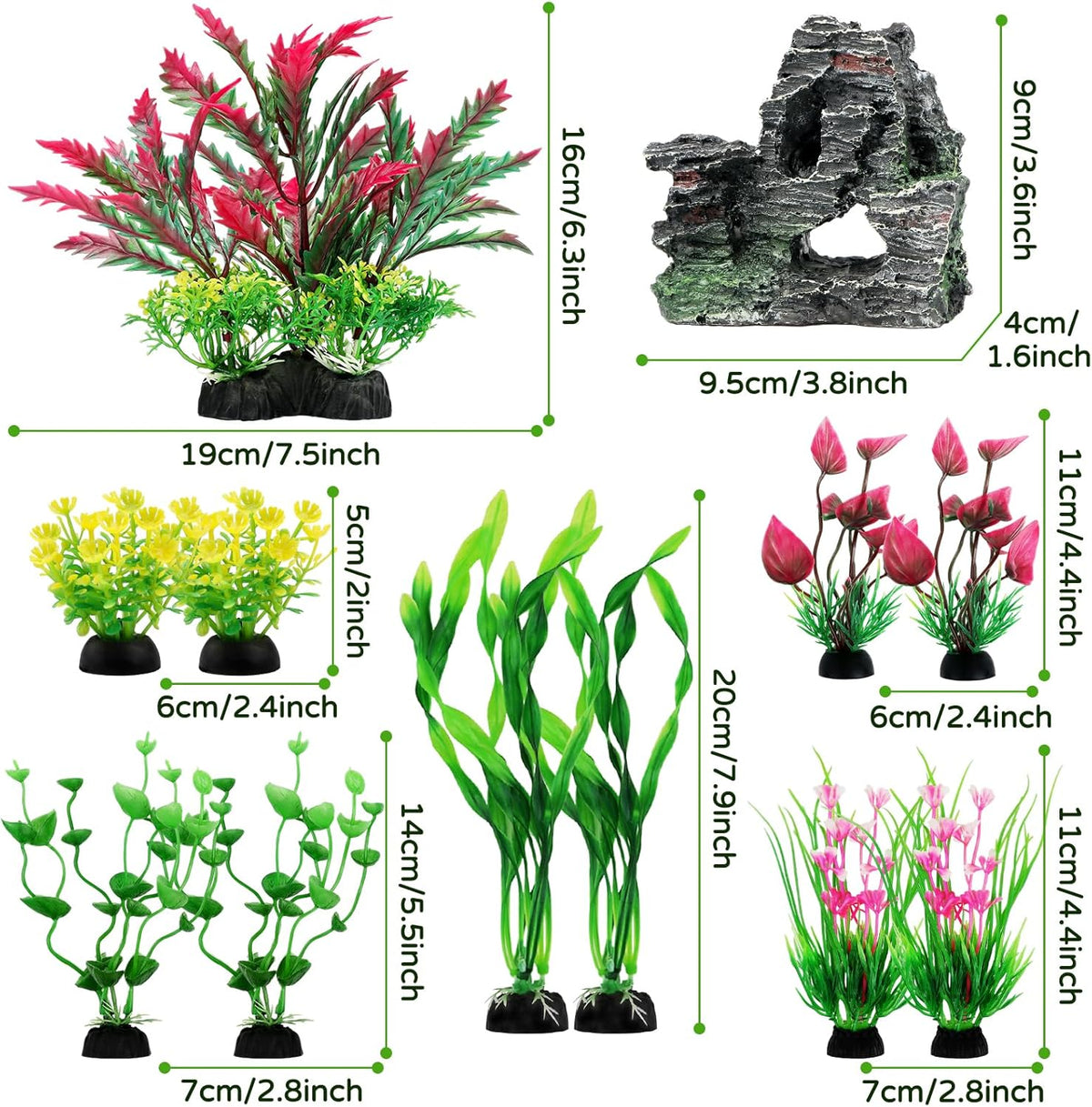 Fish Tank Accessories Aquarium Plants, 12pcs Colorful Fish Tank Artificial Plants and Cave Rock