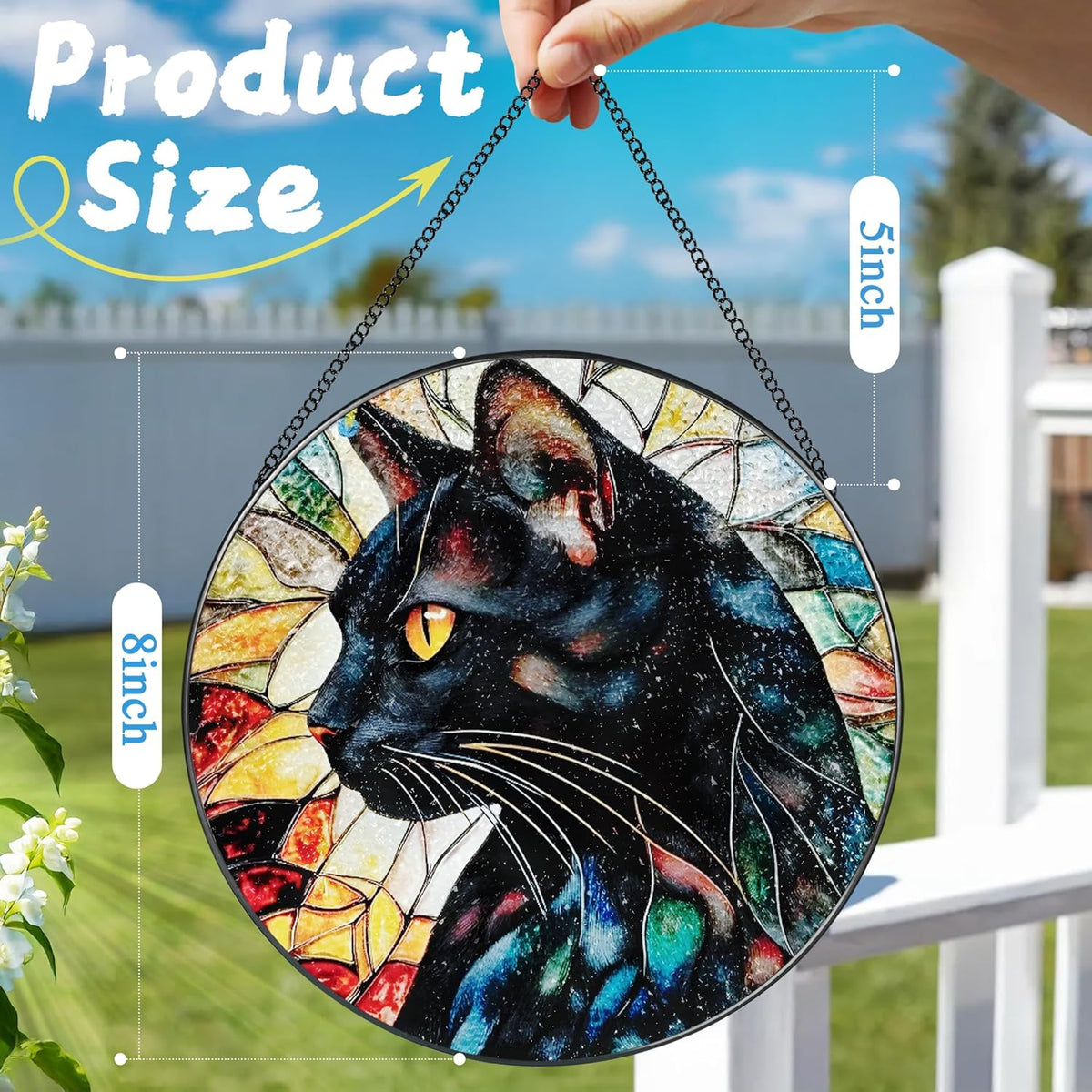 8″ Stained Glass Window Hanging Ornament, Black Cat Stained Glass Suncatcher Ornament, Sun-Catcher