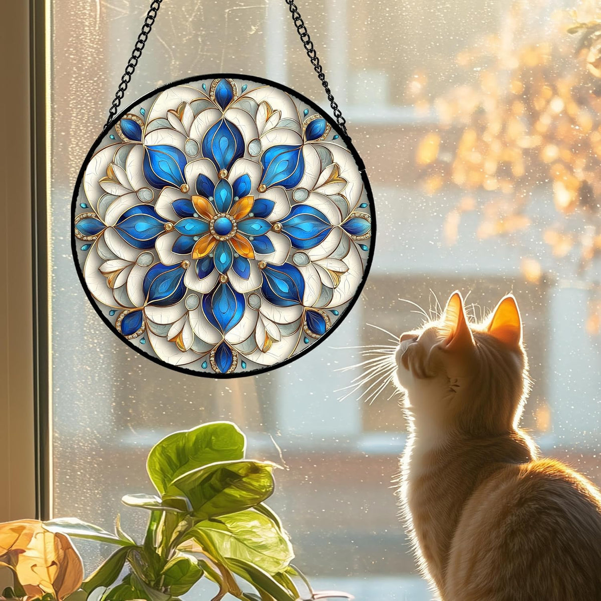 Stained Glass Window Hanging - Blue and White Abstract Flowers Suncatcher for Door Terrace Garden
