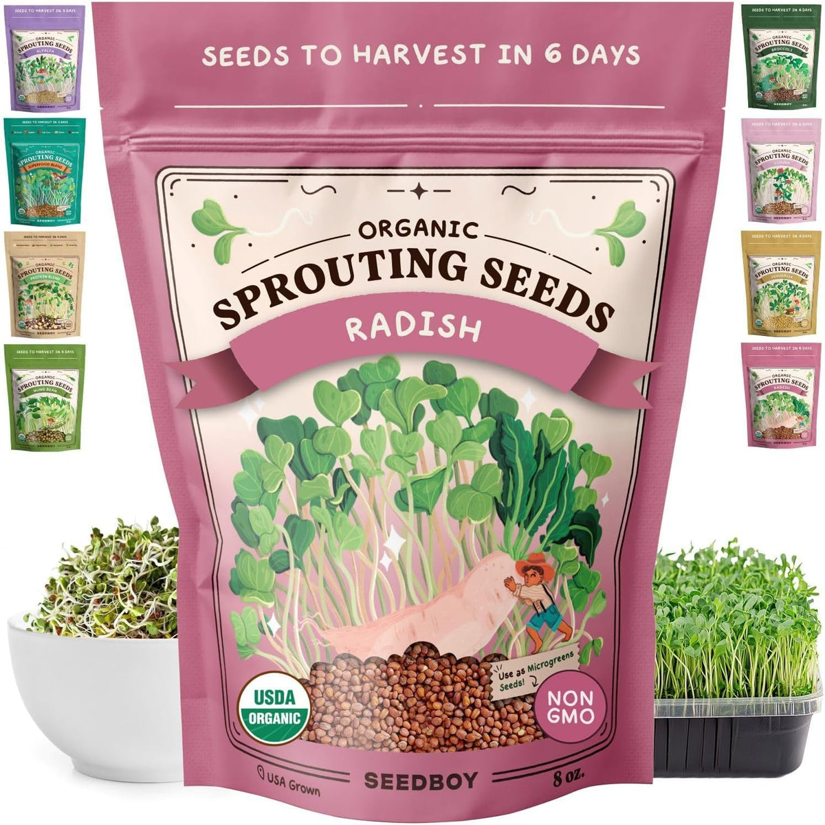 Seedboy Organic Non-GMO Radish Seeds for Sprouting - USA Grown Microgreens Sprouting Seeds - 8 oz