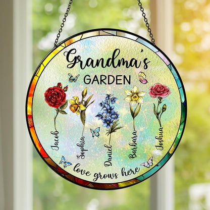 NAZENTI Personalized Grandma's Garden Stained Glass Suncatcher with Birth Month Flowers, Custom