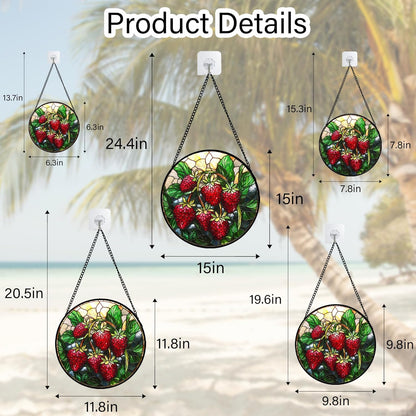 Stained Glass Suncatcher, Red Strawberry Green Leaf Sun Catcher Silver Background Stain Glass
