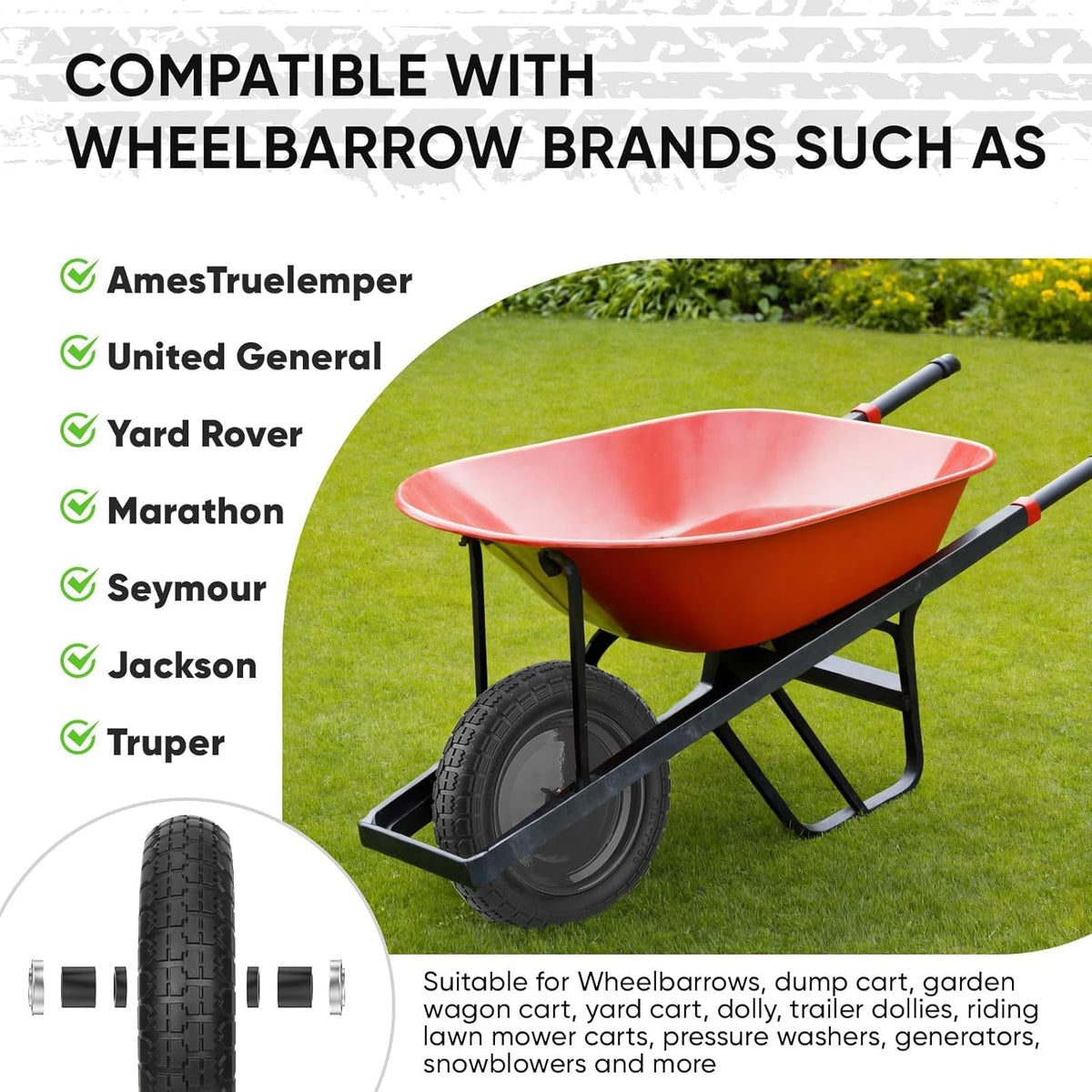 TICONN 4.80/4.00-8 Tire, 16" Flat Free Wheelbarrow Tire and Wheel, Solid Replacement Tires with 3"