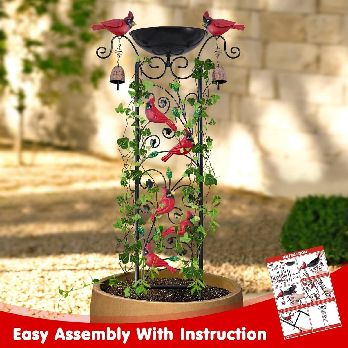 Cardinal Bird Bath Garden Trellis for Climbing Plants Outdoor Wind Chime Decor Red Birds Feeder