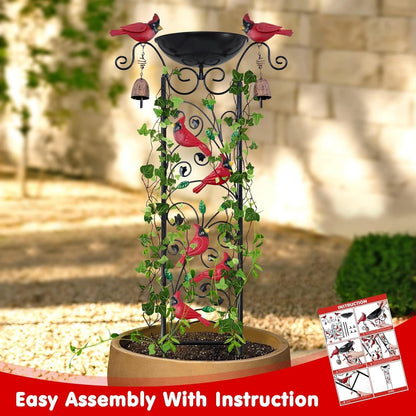 Cardinal Bird Bath Garden Trellis for Climbing Plants Outdoor Wind Chime Decor Red Birds Feeder