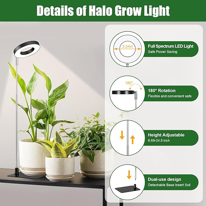 48 LEDs Full Spectrum Grow Lights for Indoor Plants, Height Adjustable, Small Black Halo Plant