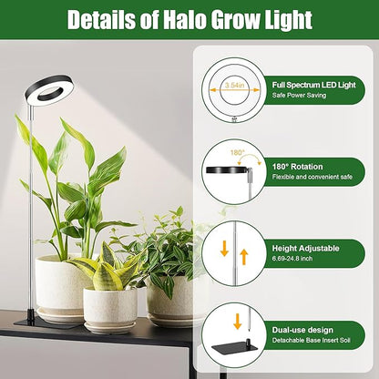 48 LEDs Full Spectrum Grow Lights for Indoor Plants, Height Adjustable, Small Black Halo Plant