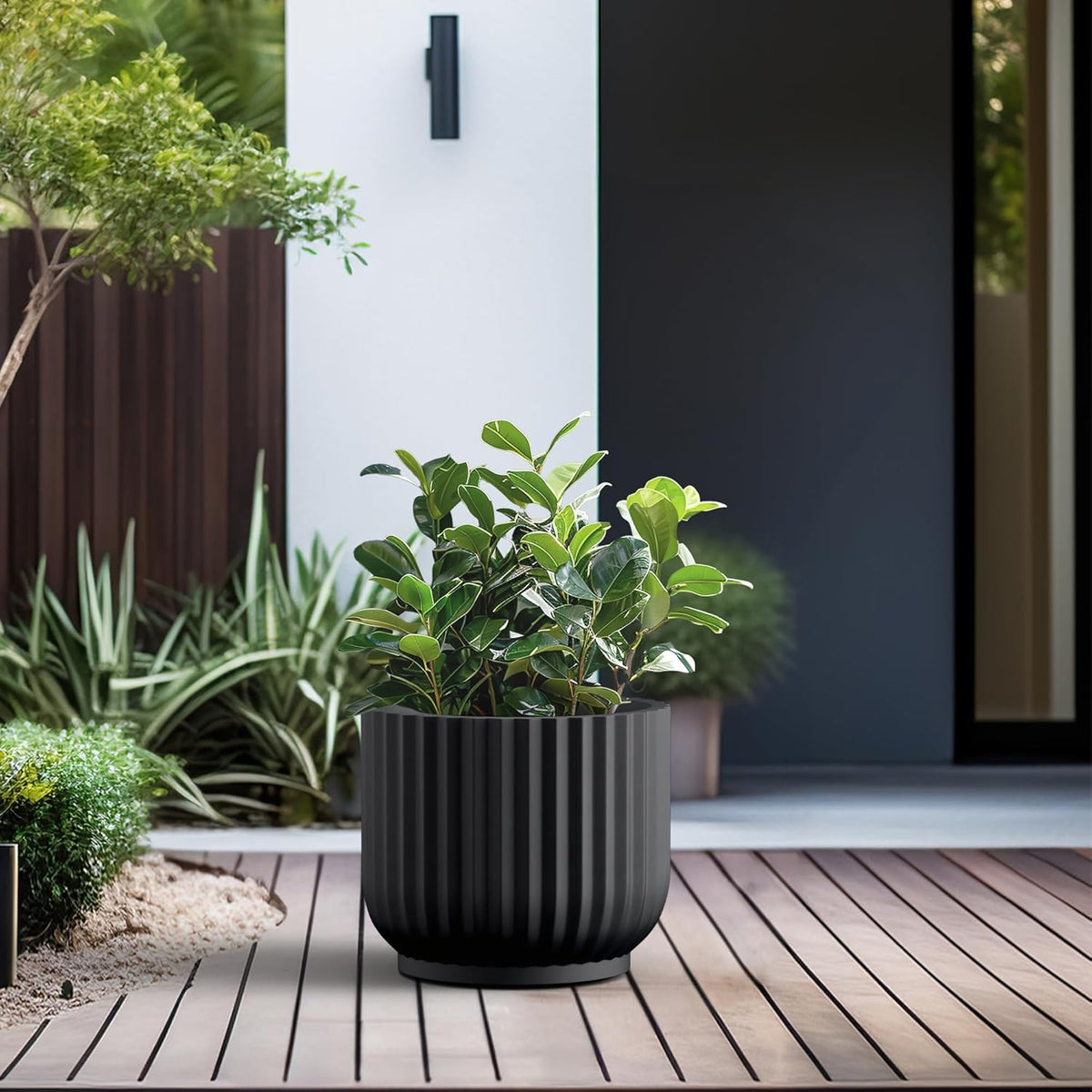 Kante Round Fulted Planter, 14 Inch Dia Large Concrete Plant Pots with Drainage Hole and Rubber