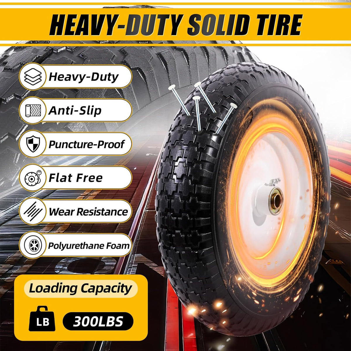 MZREXN 14.5" Wheelbarrow Tire Flat-Free 3.00/3.25/3.50/4.00-8" Solid Tire and Wheel with 3"-7"