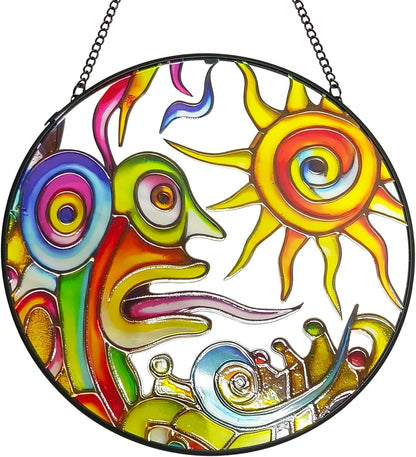 Artistic Sunrise Suncatcher Stained Glass Window Hanging, 7.9'' Abstract Sun Face Suncatchers