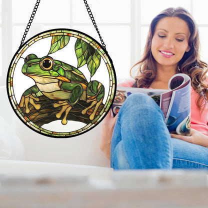 Stained Glass Window Hanging, Frog Green Leaf Sun Catchers Colorful Glass Panel Cool Suncatcher