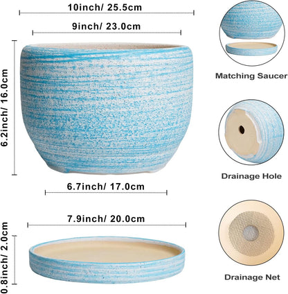 SQOWL Ceramic Plant Pots - 10 Inch Ceramic Flower Pots with Drainage Hole and Saucer, Round Large