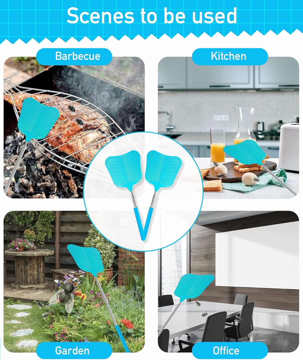 Wapodeai 2 Pack Fly Swatters Heavy Duty Set, Telescopic Fly Swatter, Stainless Steel Handle for