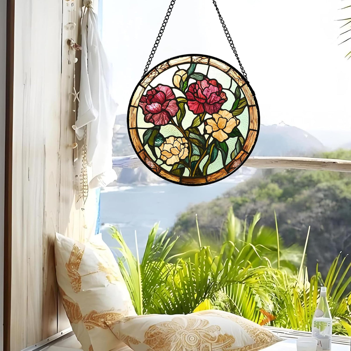 Stained Glass Window Hanging - Birth Flower Carnation Suncatcher for Doors Garden Yard Red Yellow