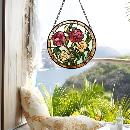 Stained Glass Window Hanging - Birth Flower Carnation Suncatcher for Doors Garden Yard Red Yellow