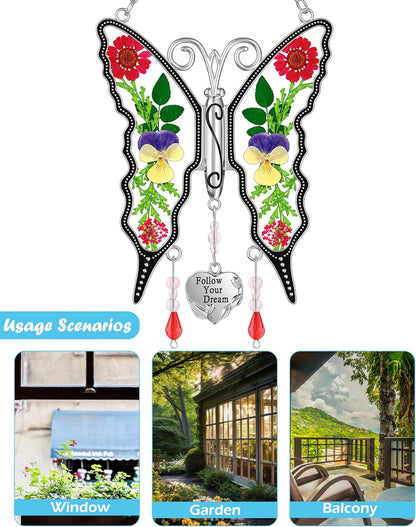 KY&BOSAM Butterfly Suncatcher for Windows Hangings Follow Your Dream Stained Glass Wind Chimes