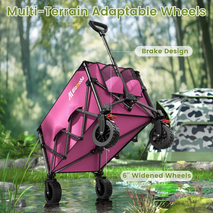 Collapsible Wagon Cart, 150L Heavy Duty Foldable Beach Wagon with Wider Wheels & Auto-Rebound