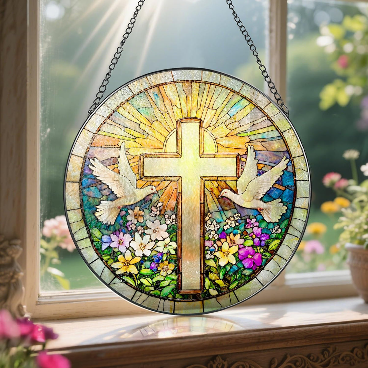 Cross and Wildflowers Stained Glass Suncatcher, 8 Inch Christian Stained Glass Windows Hanging