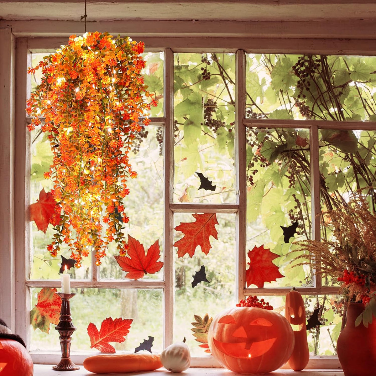 Fall Artificial Flowers - Faux Hanging Plants with Lights for Thanksgiving Indoor/Outdoor Wedding &