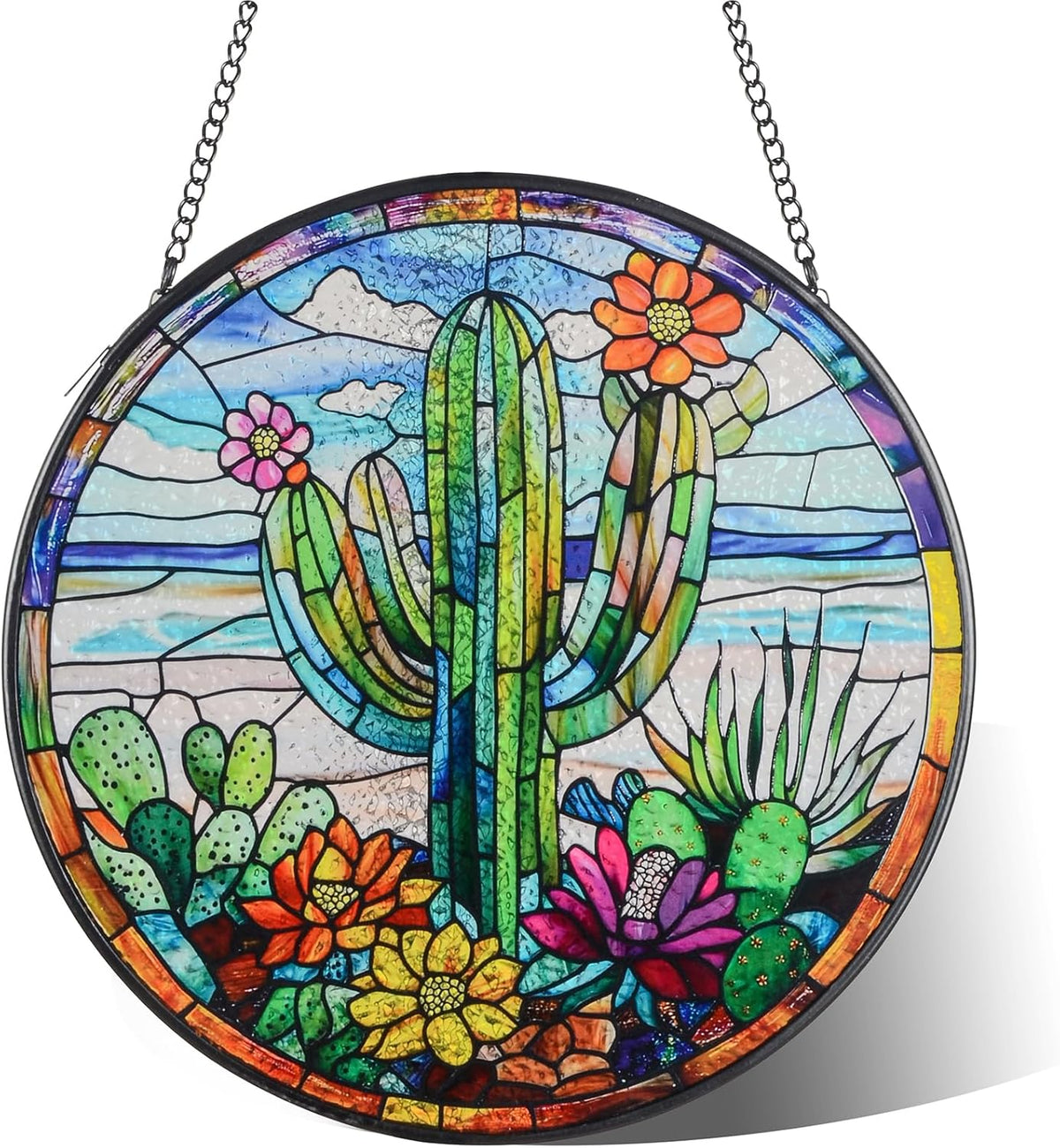 Cactus Suncatcher Decor, Cactus Stained Glass Window Art Beach Decor Sea Glass Hanging - 7.9"