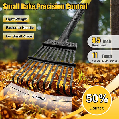Rake for Leaves: Small Metal Garden Rake, 8.5" Wide, 11 Metal Tines,Heavy Duty Lightweight Kids