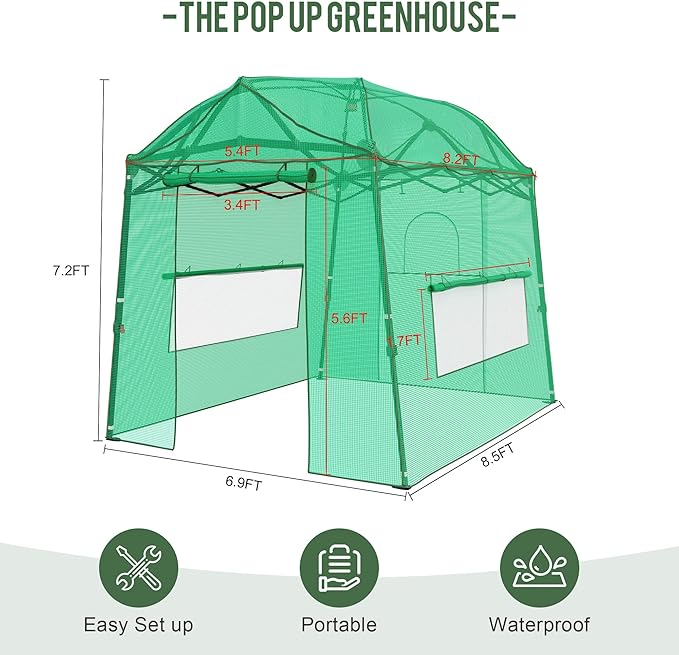 8.5 x 7 FT Walk-in Greenhouse, Portable Pop-up Green House 3 Adjustable Hights Heavy Duty Plant