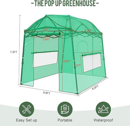 8.5 x 7 FT Walk-in Greenhouse, Portable Pop-up Green House 3 Adjustable Hights Heavy Duty Plant