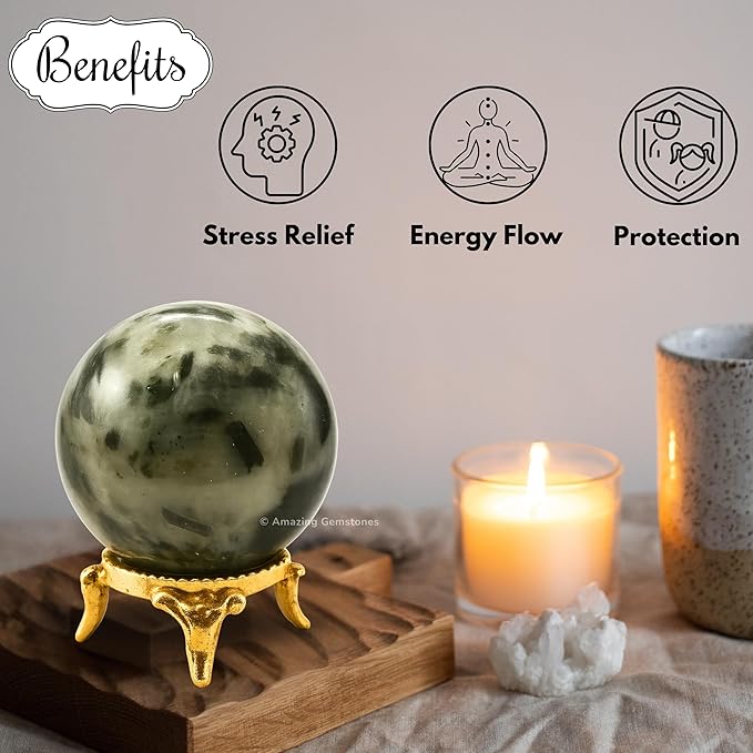 Amazing Gemstone Green Tourmaline in Quartz Crystal Ball with Stand - 2 Inches Crystal Sphere