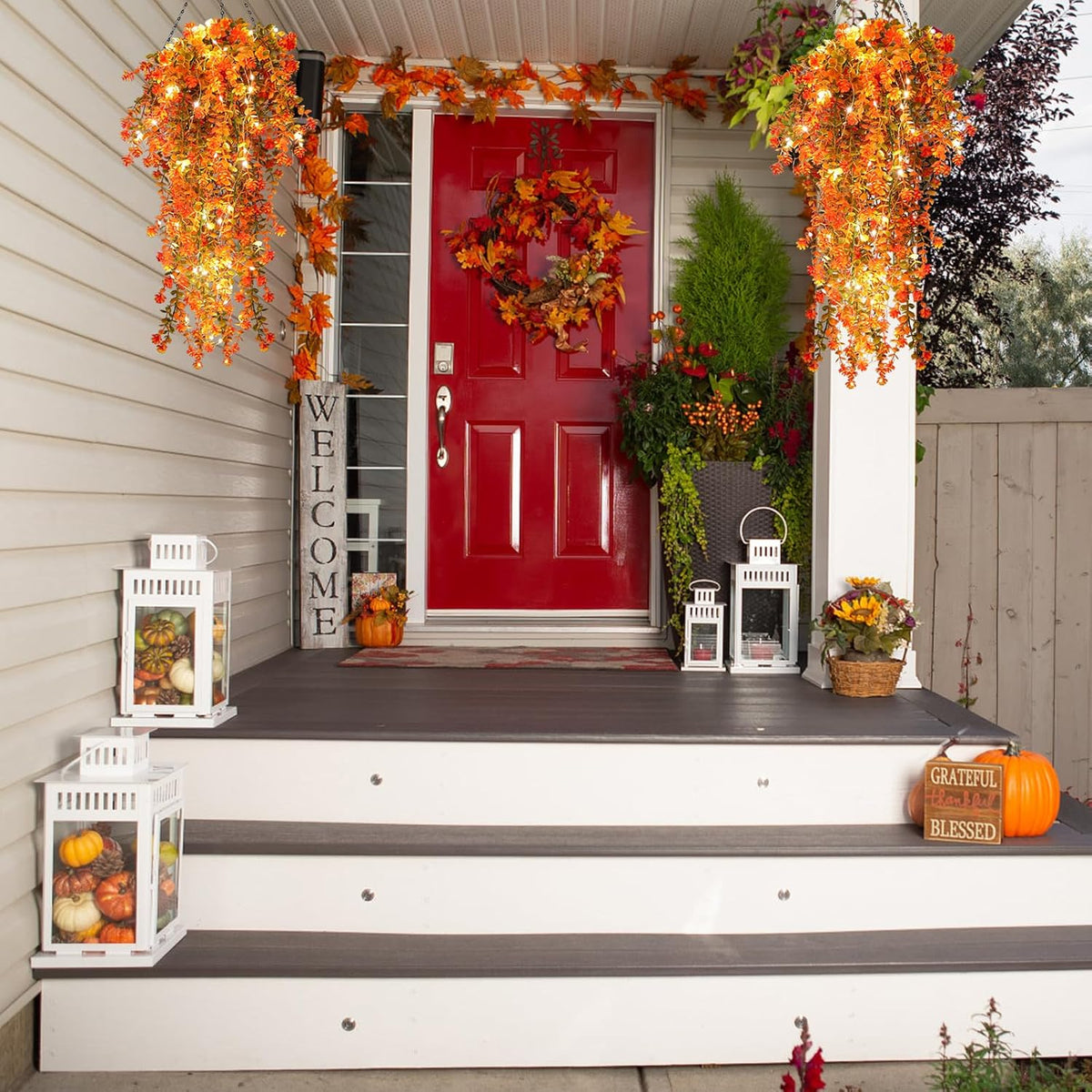 Fall Artificial Flowers - Faux Hanging Plants with Lights for Thanksgiving Indoor/Outdoor Wedding &