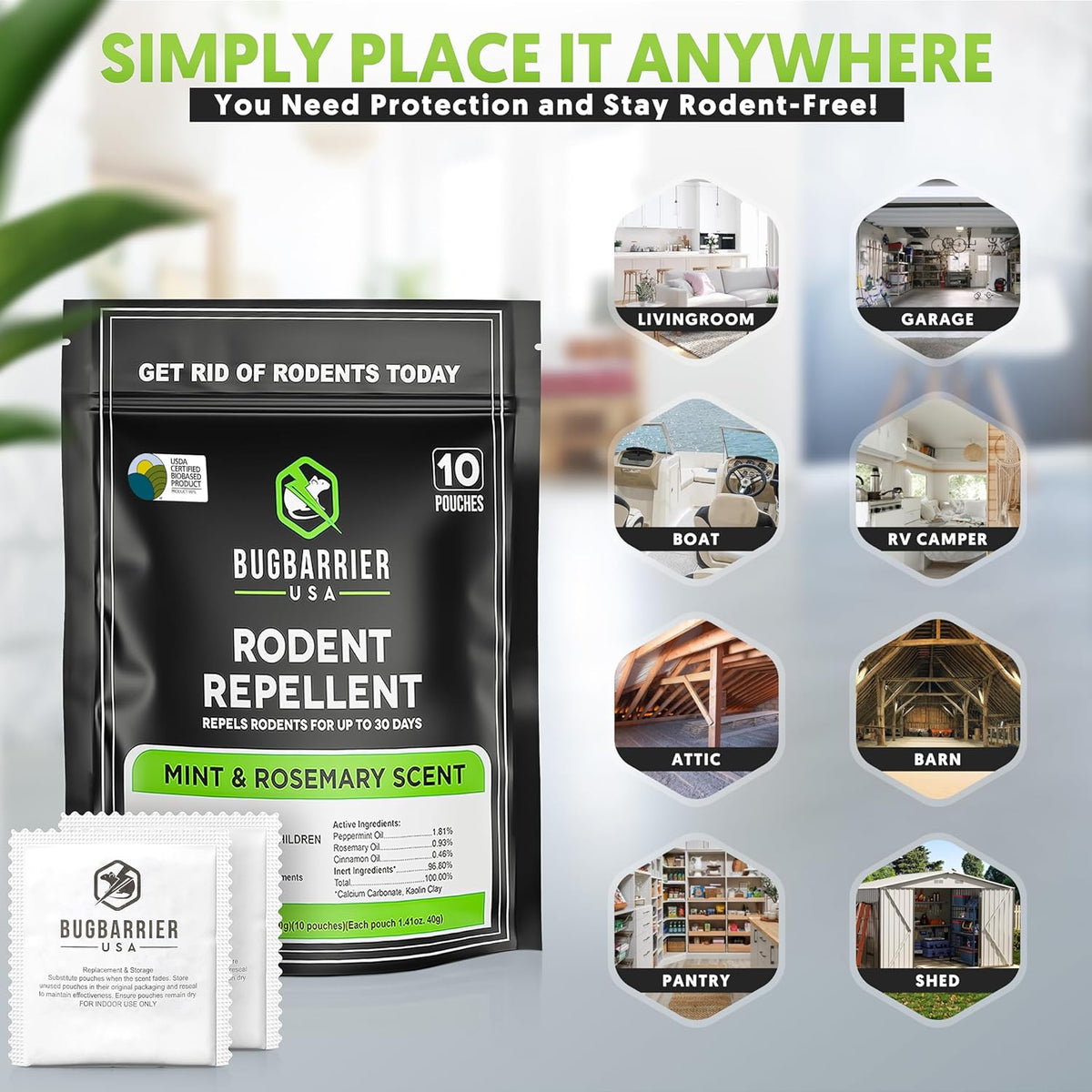 BugBarrier's Extra-Strength Mouse Repellent Deterrent Pouches, USDA 99% Biobased, Peppermint &