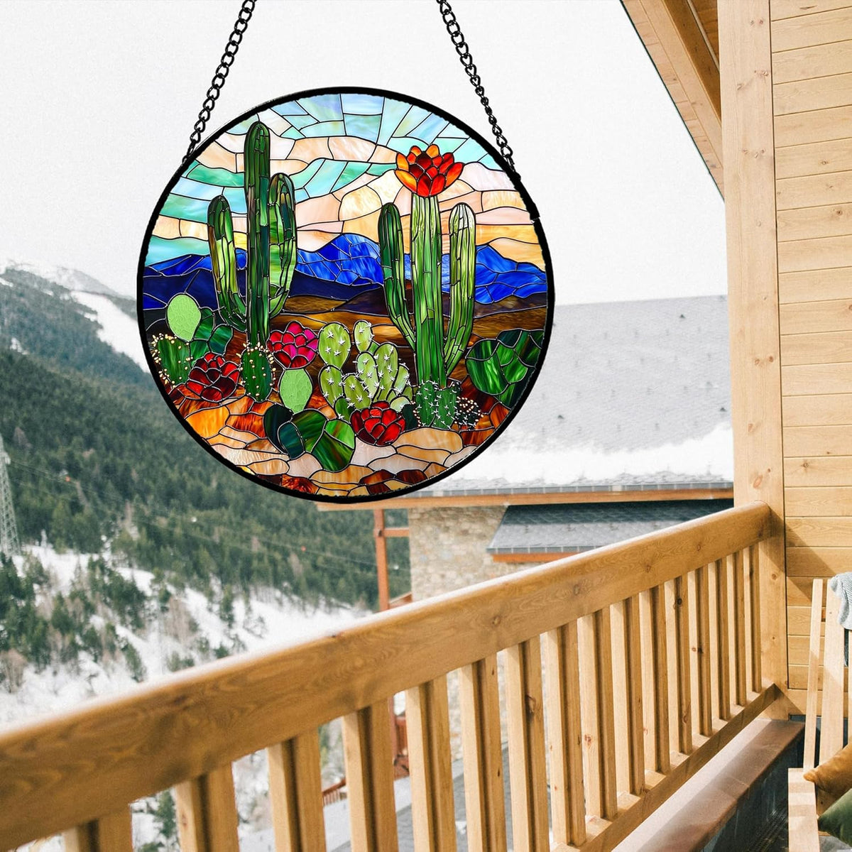 Stained Glass Window Hanging, Green Cactus Suncatcher for Doors Window Home Plant Landscape Sun