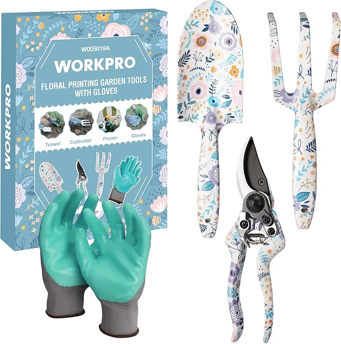 WORKPRO Aluminum Garden Tool Set, 4PCS Heavy Duty Hand Garden Tools with Box Include Trowel, Rake