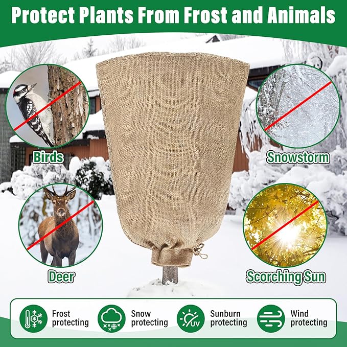 Riare 2 Packs 45 × 70 Inch Burlap Winter Plant Cover Bags with Drawstring- Reusable Large Burlap