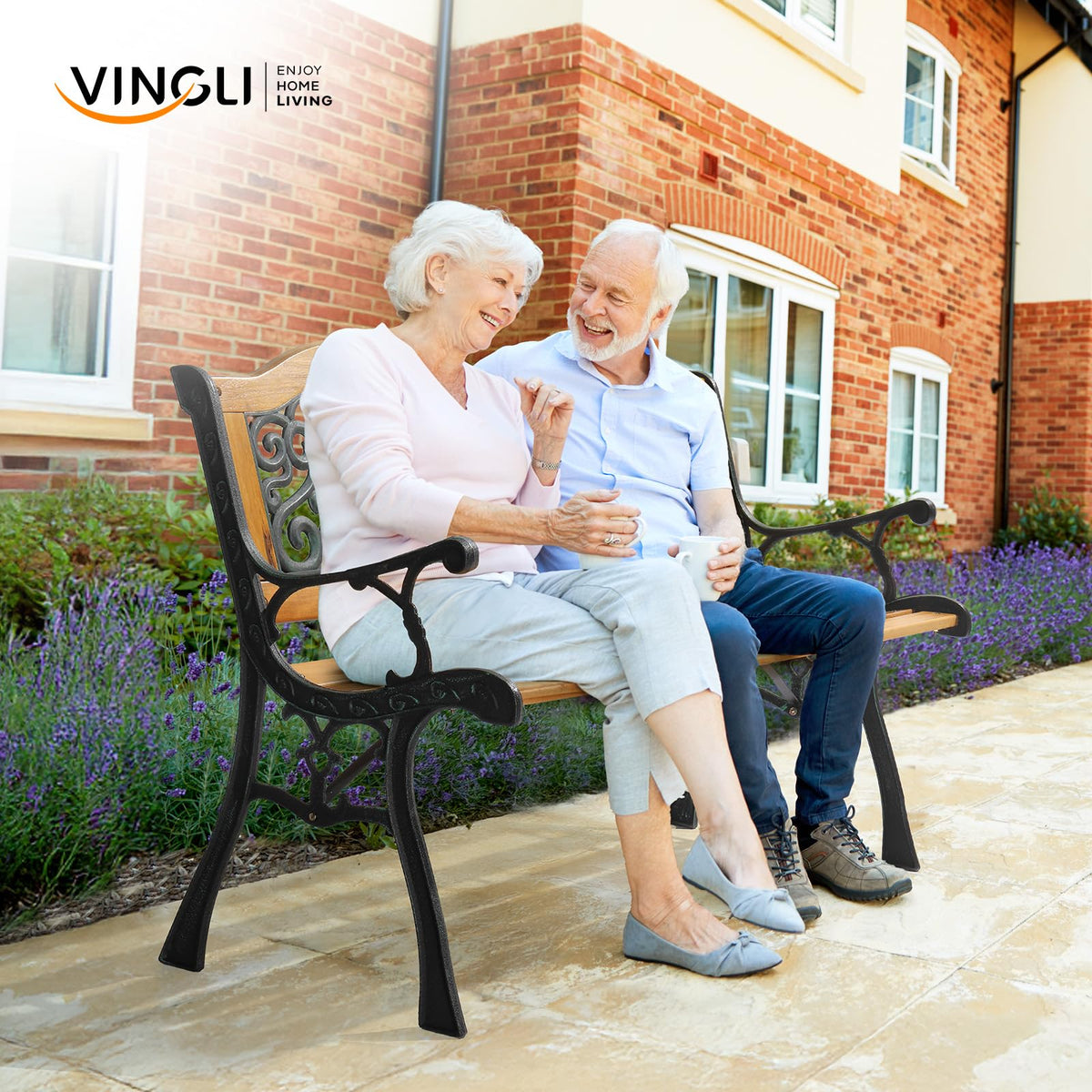 VINGLI Classic Cast Iron & Teak Arched Back Rectangular Outdoor Bench, 3-Seater, 470 lbs Capacity