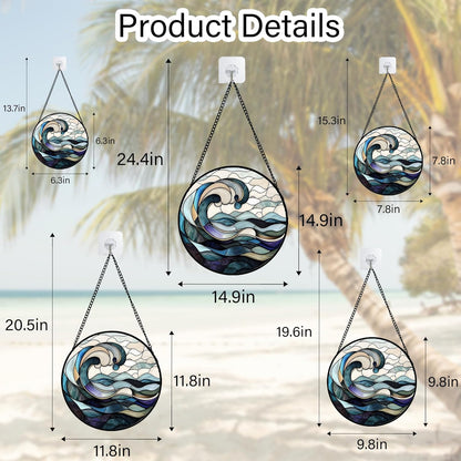 Stained Glass Window Hanging, Ocean Waves Sun Catchers Diamond Glass Panel Hangings Abstract