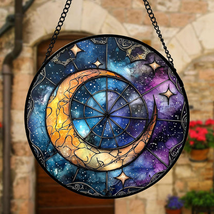 Stained Glass Window Hanging, Blue Starry Sky Moon Astrolabe Suncatcher for Doors Home Sun Catchers