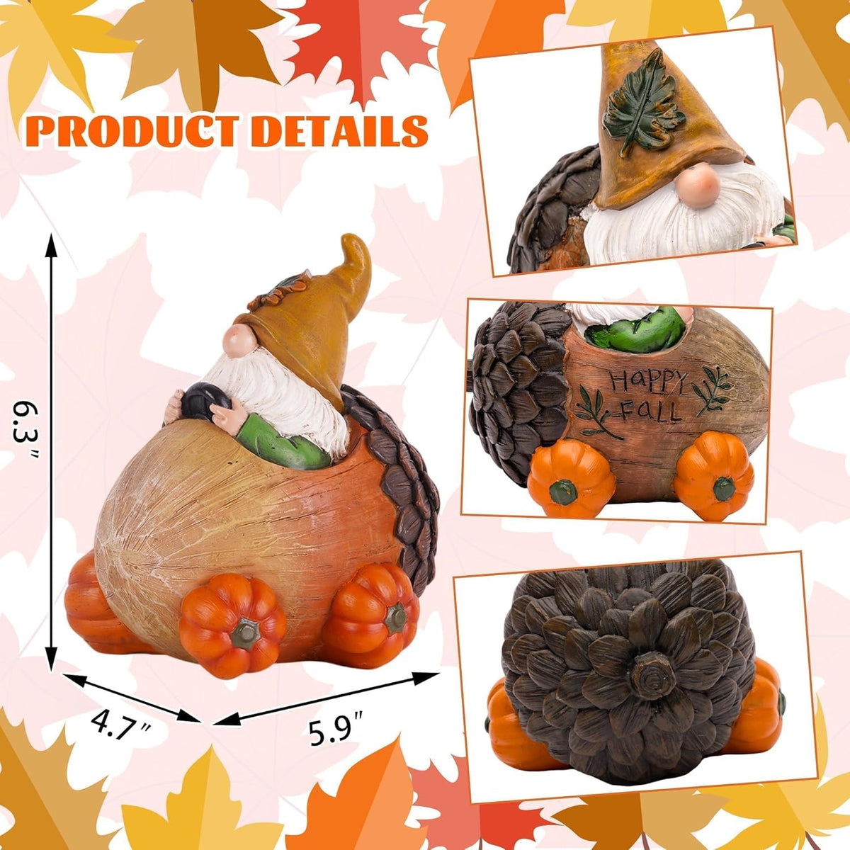 Topadorn Fall Gnome Statue Pine Cone Car with Pumpkin Wheel, Autumn Harvest Gnome Resin Figurine