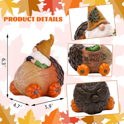 Topadorn Fall Gnome Statue Pine Cone Car with Pumpkin Wheel, Autumn Harvest Gnome Resin Figurine
