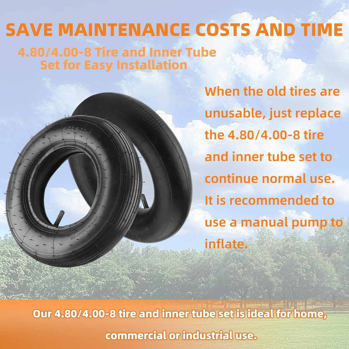 (1-Set) RRQ 4.80/4.00-8" Tire and Inner Tube Set, Universal Replacement Pneumatic Tires, Fits