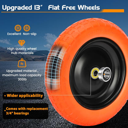 13" Flat Free Wheels Replacement for GOR Garden Cart Tires and Wheels, 4.00-6 Solid Tires and