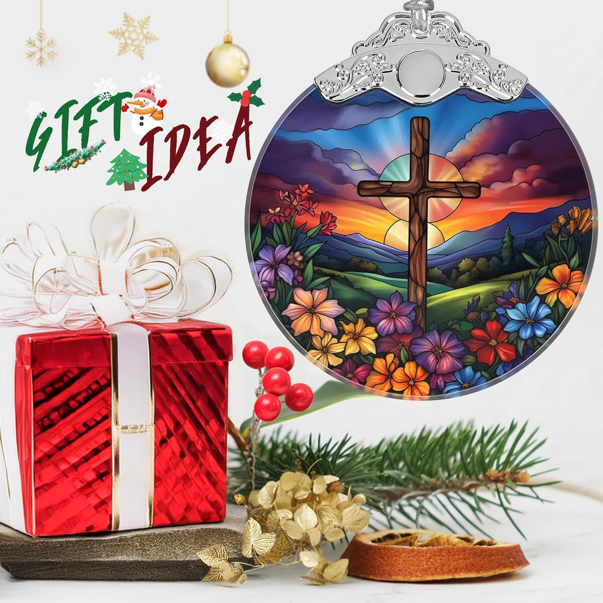 Cross Spring Flower Stained Glass Orament - Christmas Ornament - Christmas Decorations for Tree