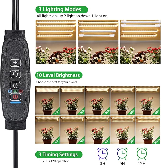 Four Head 8.6 Inches LED Grow Light Strips, Grow Lights for Indoor Plants Full Spectrum 3000K, 104