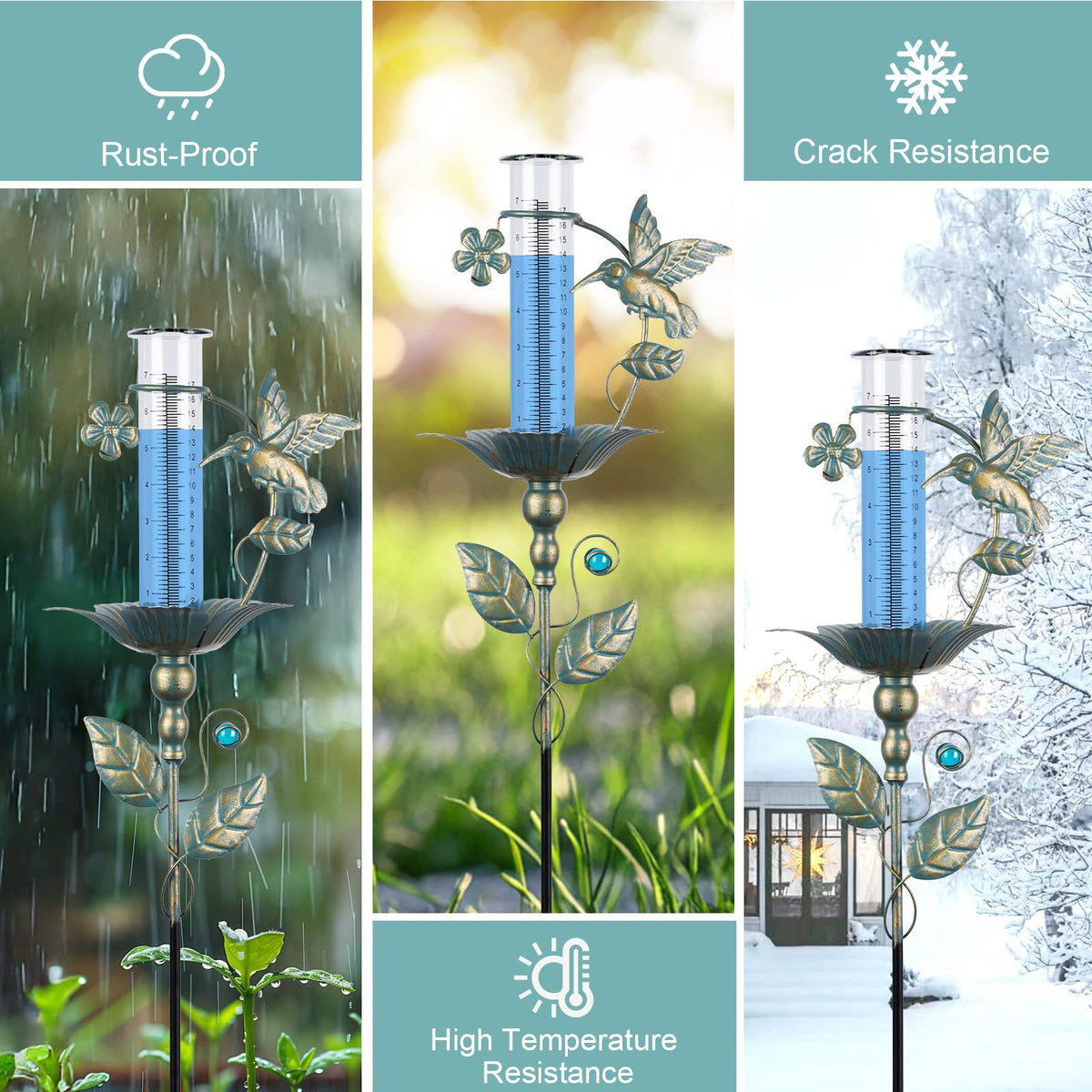 Rain Gauge Outdoor Decorative Hummingbird 7" Metal Rain Gauges Glass Tube | for Yard