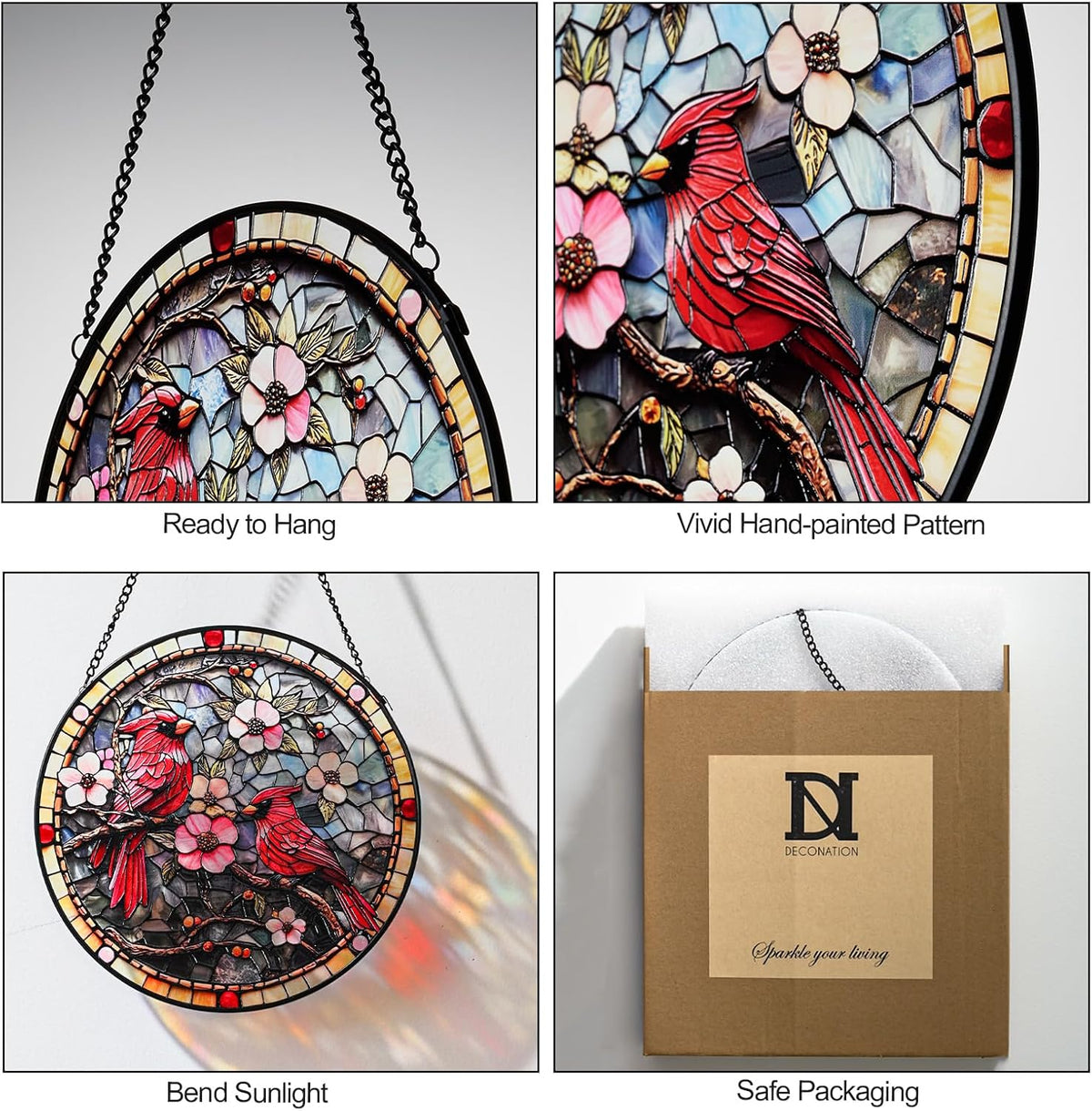 Cardinal Stained Glass Suncatcher - Hand-Painted Window Hanging with Metal Chain, Outdoor/Indoor