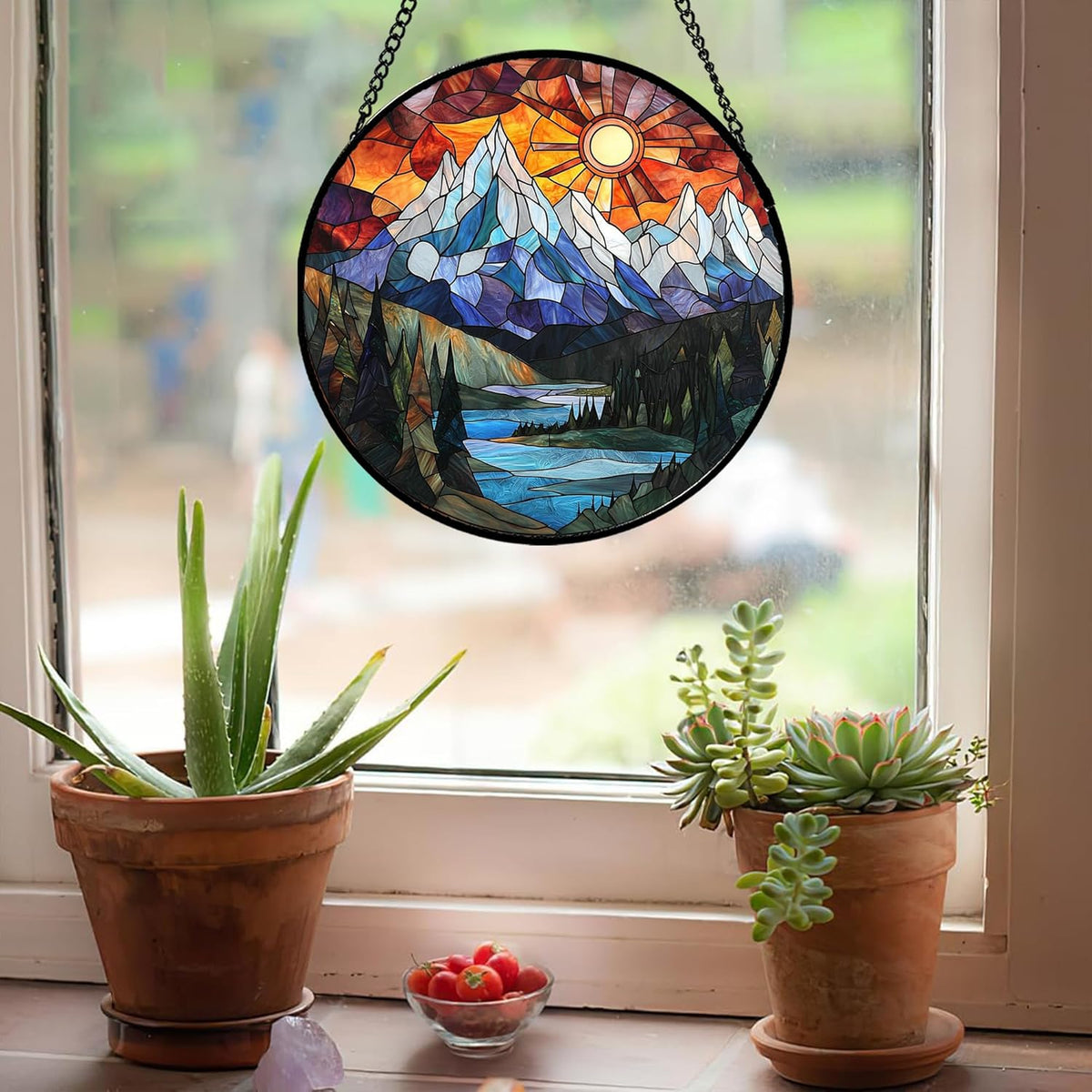 Stained Glass Window Hanging - Colorful Mountain Lake Landscape Sun Catcher for Door Garden Home
