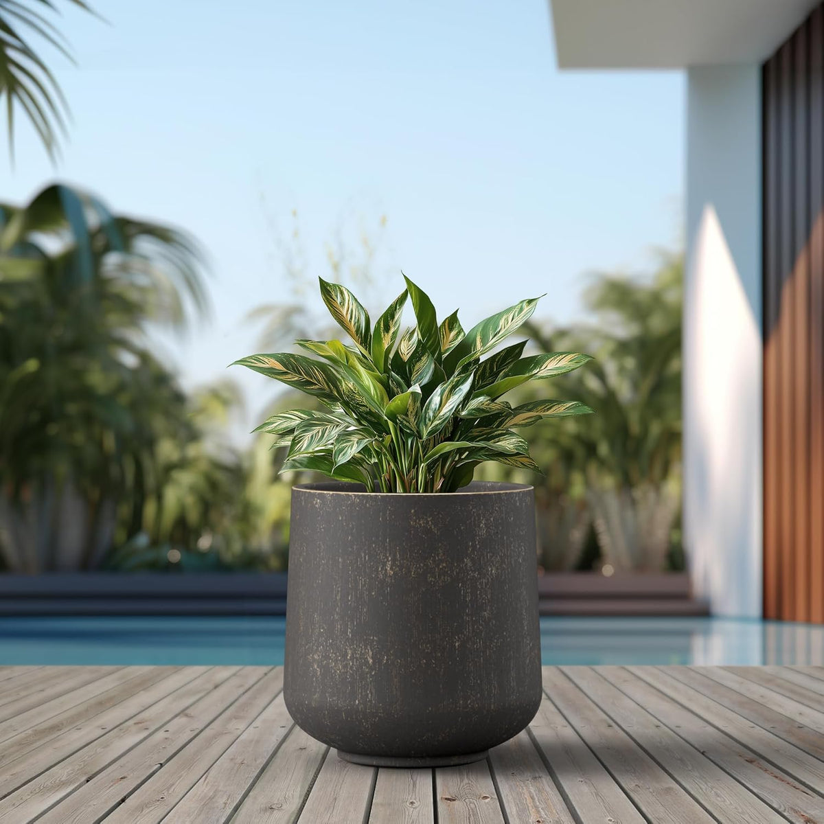 Kante 15.3" Dia Round Concrete Planter, Outdoor Indoor Large Plant Pots Containers with Drainage